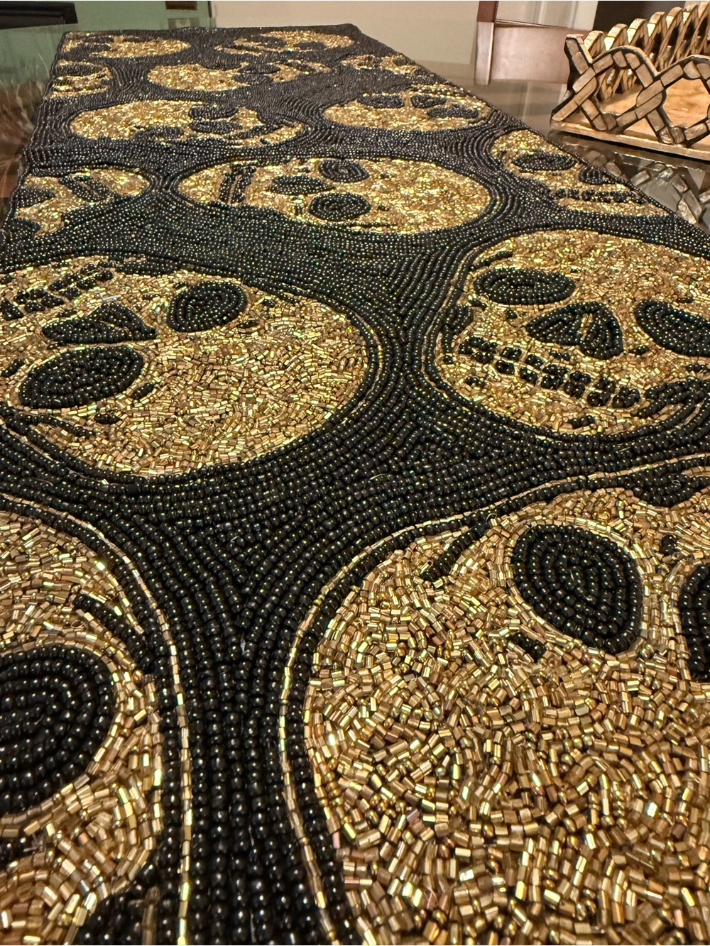 36x13in Black/Gold Beaded Skull Table Runner